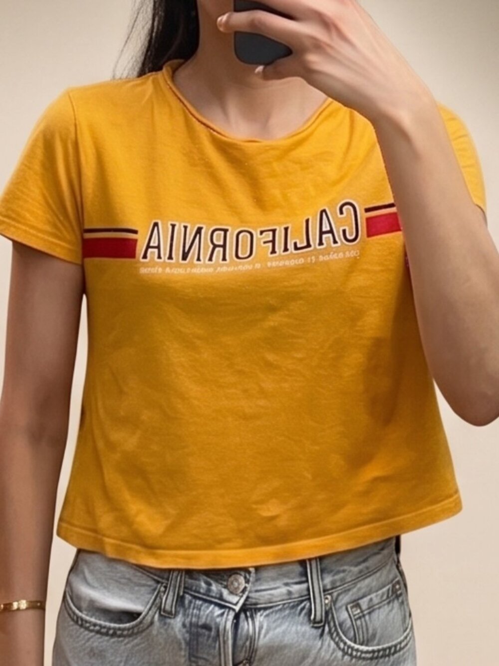 H&M Mustard Yellow California Graphic Crop Tee Size Small
